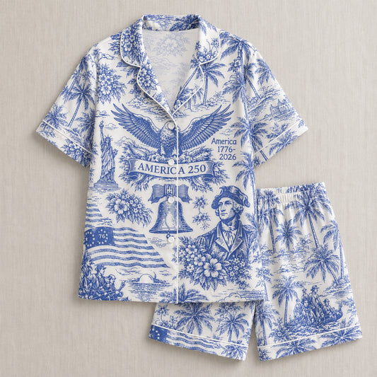 PJ-025-Satin America 250 Toile White Piping Button Up Long/Short Pajama Set FREE SHIPING