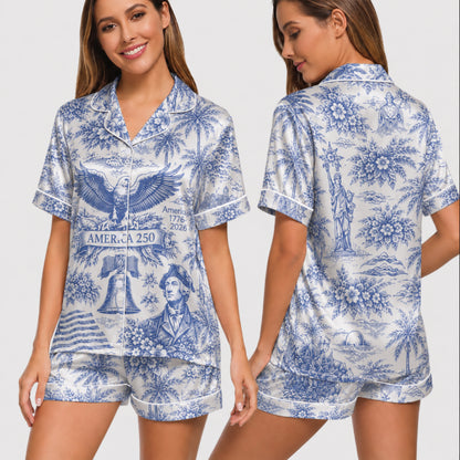 PJ-025-Satin America 250 Toile White Piping Button Up Long/Short Pajama Set FREE SHIPING
