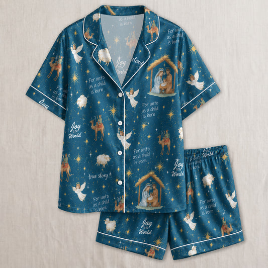 PJ-026-'Joy to the World' White Piping Button Up Long/Short Pajama Set FREE SHIPING