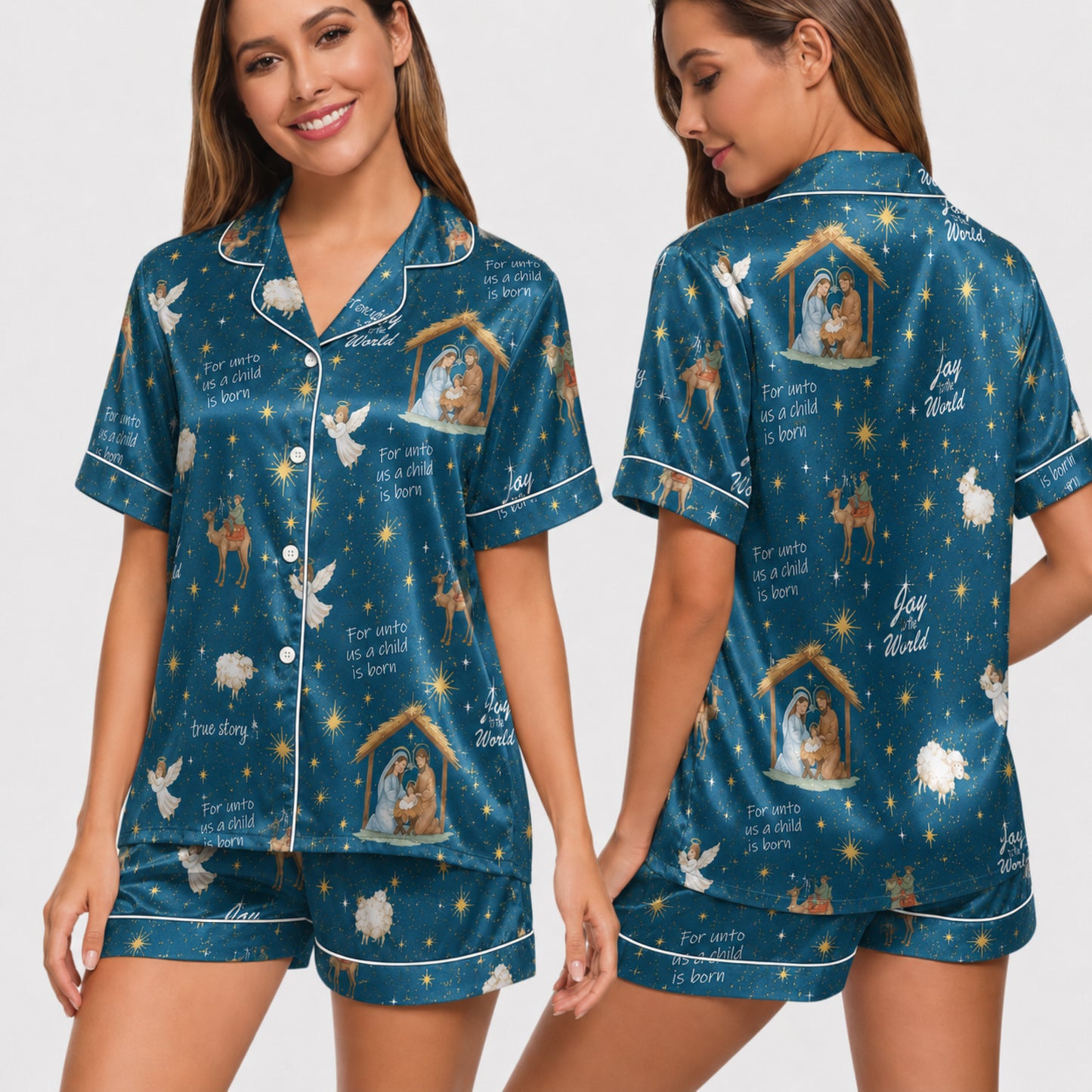 PJ-026-'Joy to the World' White Piping Button Up Long/Short Pajama Set FREE SHIPING