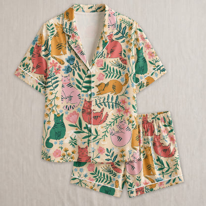 PJ-027-Satin Floral Cat White Piping Button Up Long/Short Pajama Set FREE SHIPING