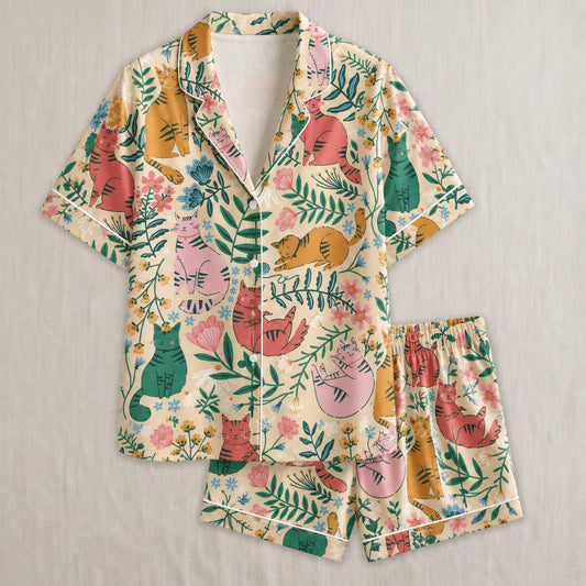 PJ-027-Satin Floral Cat White Piping Button Up Long/Short Pajama Set FREE SHIPING