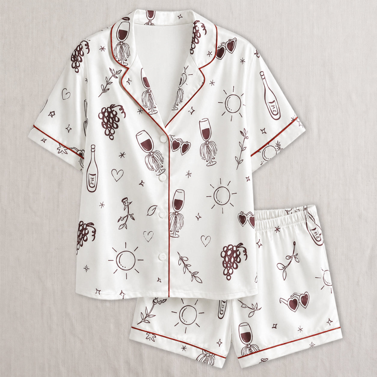 PJ-028-Satin Wine Print Burgundy Piping Button Up Long/Short Pajama Set FREE SHIPING