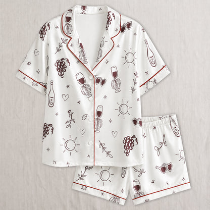 PJ-028-Satin Wine Print Burgundy Piping Button Up Long/Short Pajama Set FREE SHIPING