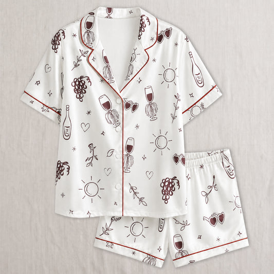 PJ-028-Satin Wine Print Burgundy Piping Button Up Long/Short Pajama Set FREE SHIPING
