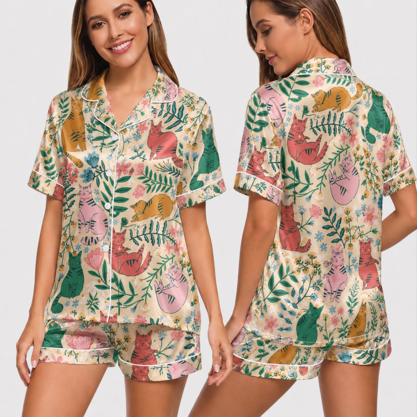 PJ-027-Satin Floral Cat White Piping Button Up Long/Short Pajama Set FREE SHIPING