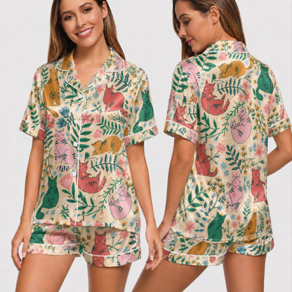 PJ-027-Satin Floral Cat White Piping Button Up Long/Short Pajama Set FREE SHIPING