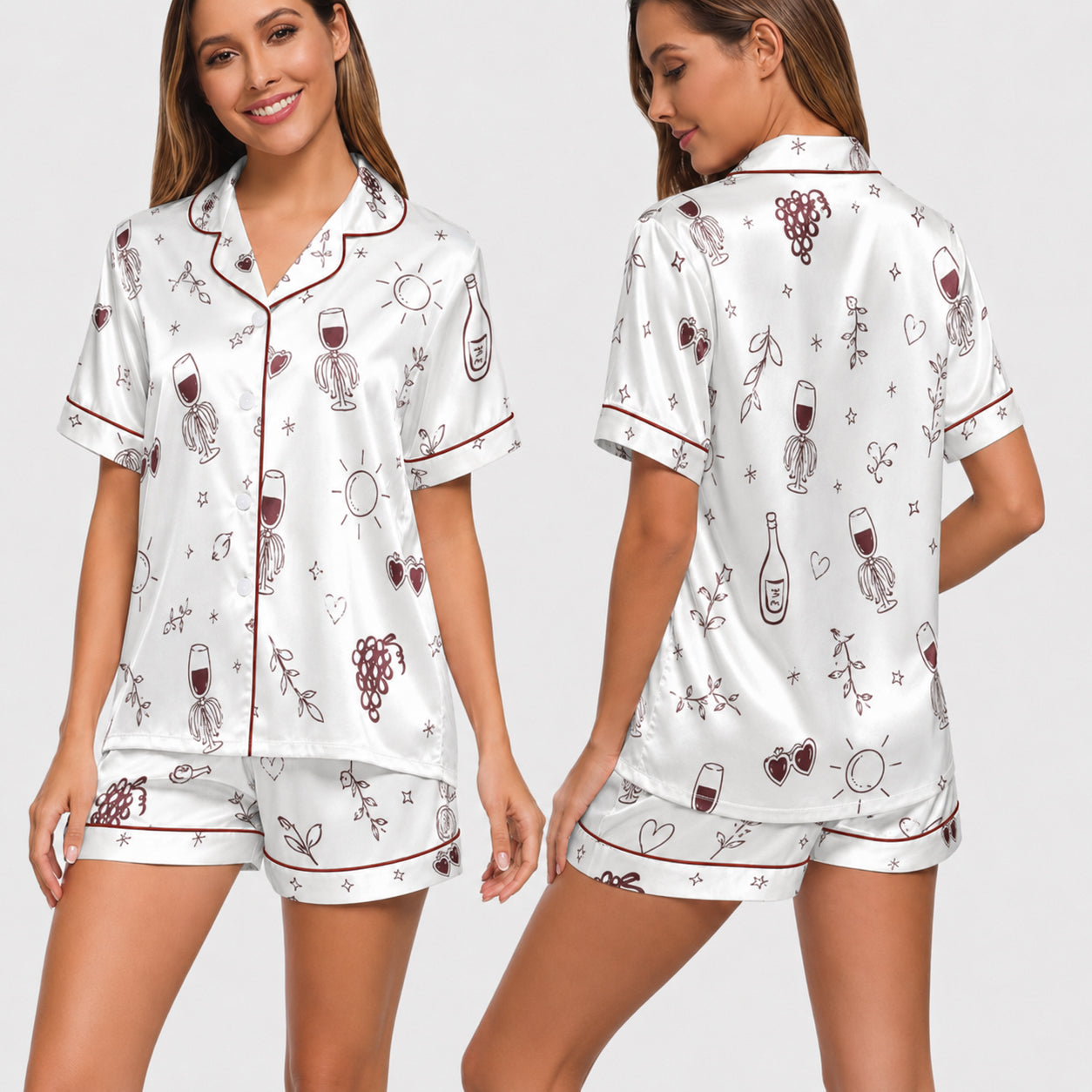 PJ-028-Satin Wine Print Burgundy Piping Button Up Long/Short Pajama Set FREE SHIPING