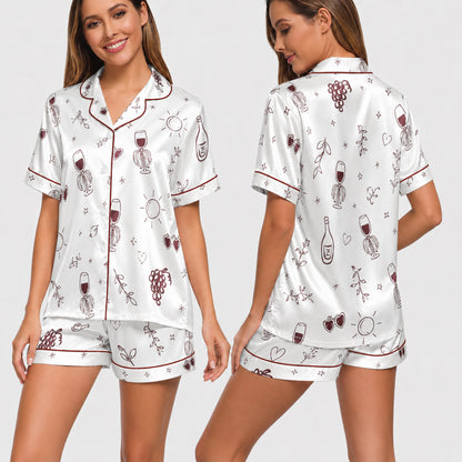 PJ-028-Satin Wine Print Burgundy Piping Button Up Long/Short Pajama Set FREE SHIPING
