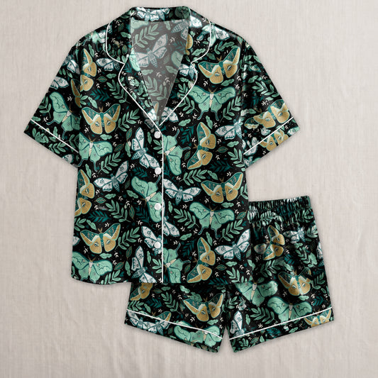 PJ-029-Satin Wine Print Burgundy Piping Button Up LongG Pajama Set FREE SHIPING