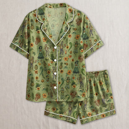 PJ-030-Satin Zombie Tiki White Piping Button Up Long/Short Pajama Set FREE SHIPING
