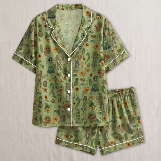 PJ-030-Satin Zombie Tiki White Piping Button Up Long/Short Pajama Set FREE SHIPPING