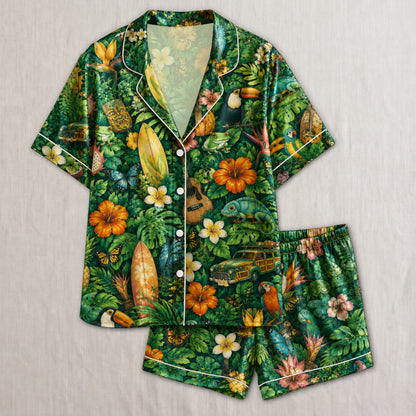 PJ-032-Satin Tropical Jungle White Piping Button Up Long/Short Pajama Set FREE SHIPING