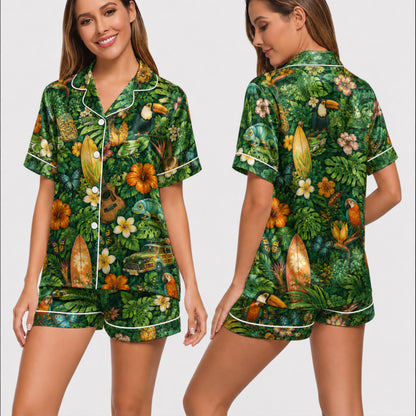 PJ-032-Satin Tropical Jungle White Piping Button Up Long/Short Pajama Set FREE SHIPING