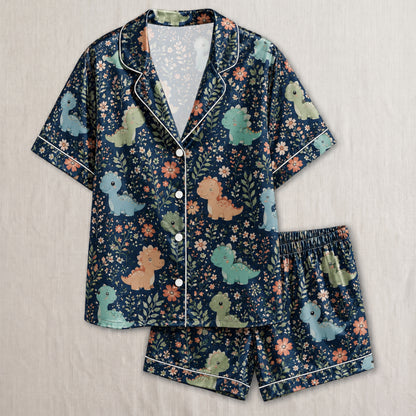 PJ-033-Satin Floral Dinosaur White Piping Button Up Long/Short Pajama Set FREE SHIPING