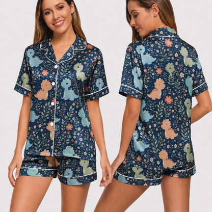PJ-033-Satin Floral Dinosaur White Piping Button Up Long/Short Pajama Set FREE SHIPING
