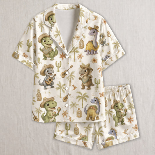 PJ-034-Satin Fiesta Dinosaur White Piping Button Up Long/Short Pajama Set FREE SHIPPING