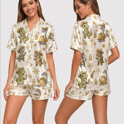 PJ-034-Satin Fiesta Dinosaur White Piping Button Up Long/Short Pajama Set FREE SHIPING