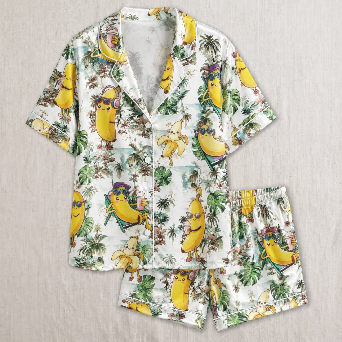 PJ-035-Satin Tropical Banana White Piping Button Up Shortie Pajama Set FREE SHIPING