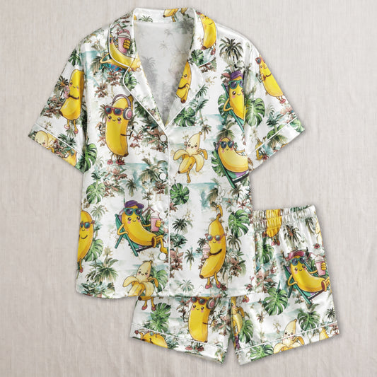 PJ-035-Satin Tropical Banana White Piping Button Up Shortie Pajama Set FREE SHIPPING