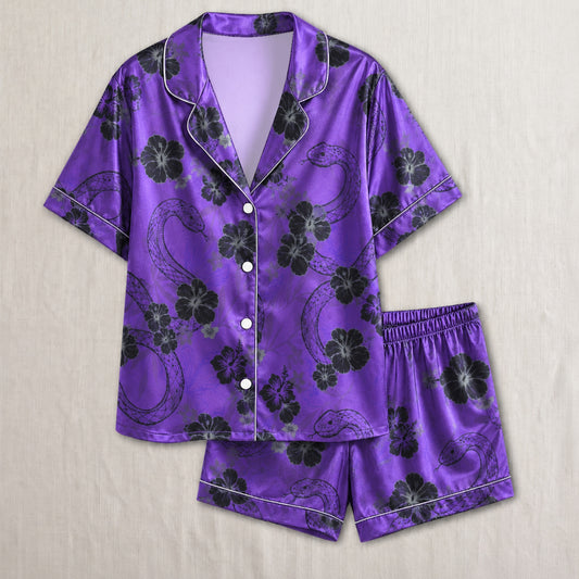 PJ-036-Satin Purple Floral Snake Button Up Pajama Set FREE SHIPPING
