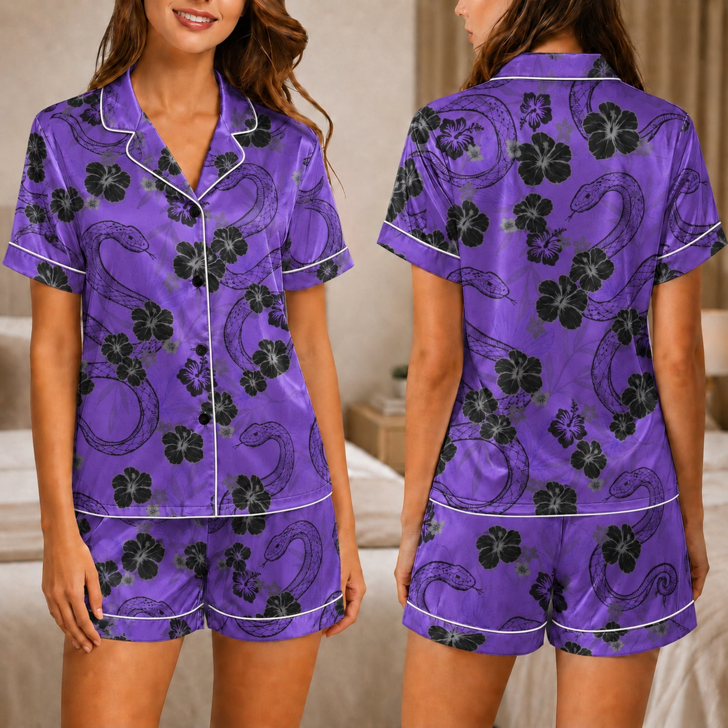 PJ-036-Satin Purple Floral Snake Button Up Pajama Set FREE SHIPING