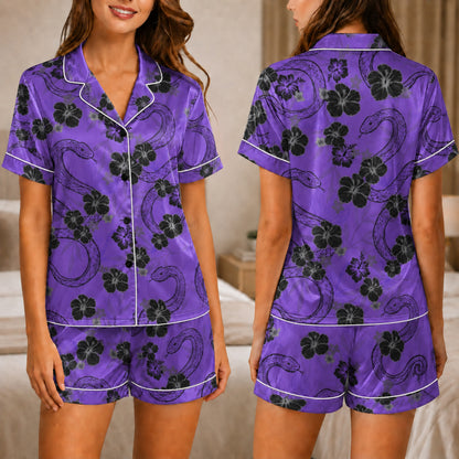 PJ-036-Satin Purple Floral Snake Button Up Pajama Set FREE SHIPING