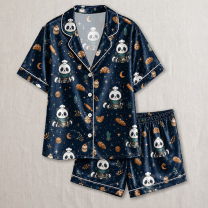 PJ-037-Satin Baker Panda White Piping Button Up Pajama Set FREE SHIPING