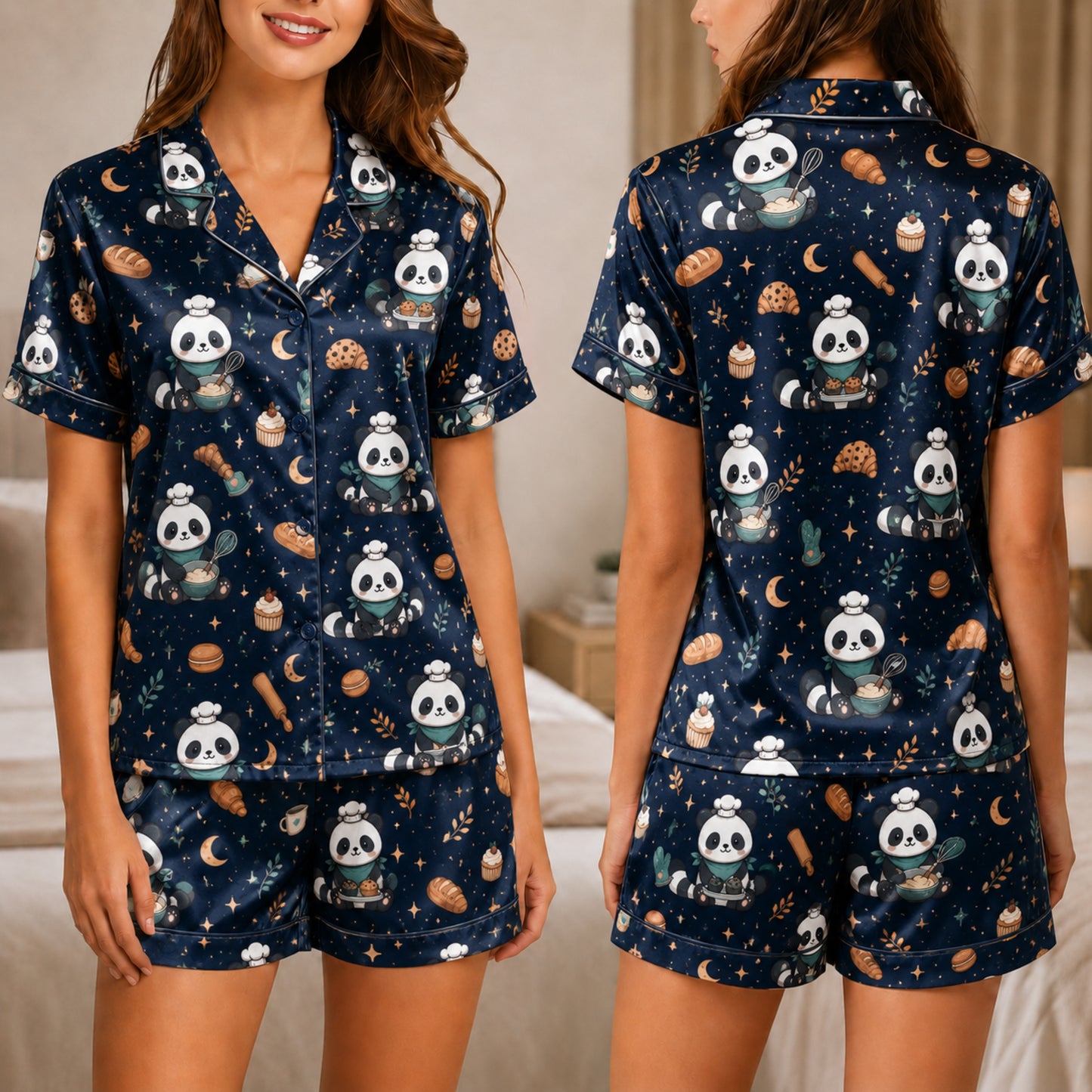 PJ-037-Satin Baker Panda White Piping Button Up Pajama Set FREE SHIPING
