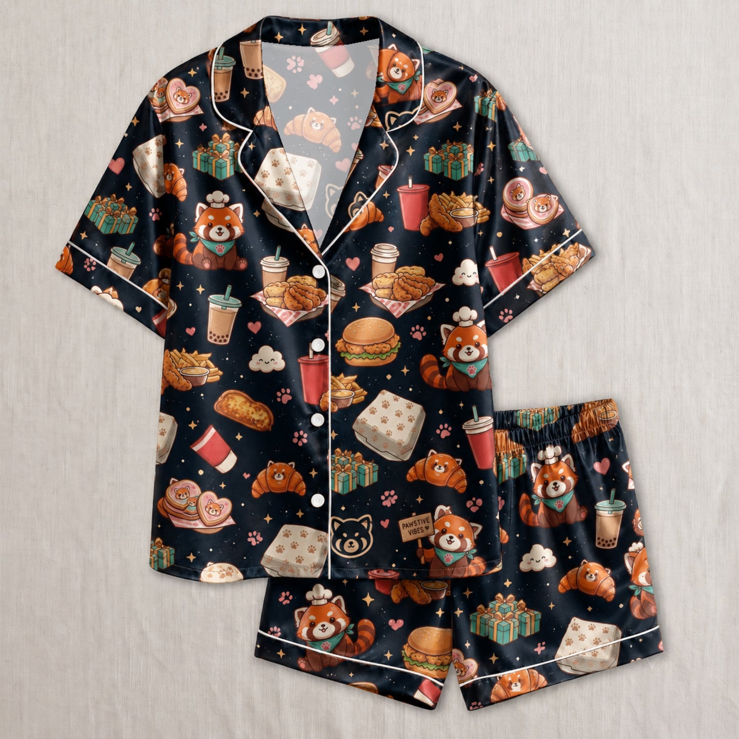 PJ-038-Satin Foodie Red Panda White Piping Button Up Pajama Set FREE SHIPING
