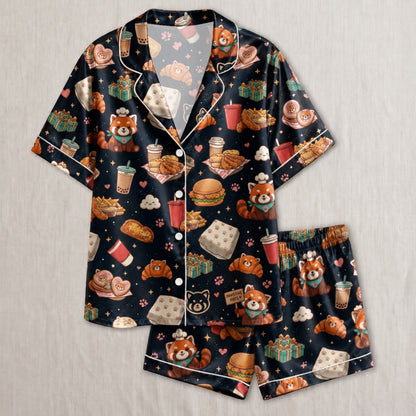 PJ-038-Satin Foodie Red Panda White Piping Button Up Pajama Set FREE SHIPING