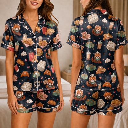 PJ-038-Satin Foodie Red Panda White Piping Button Up Pajama Set FREE SHIPING