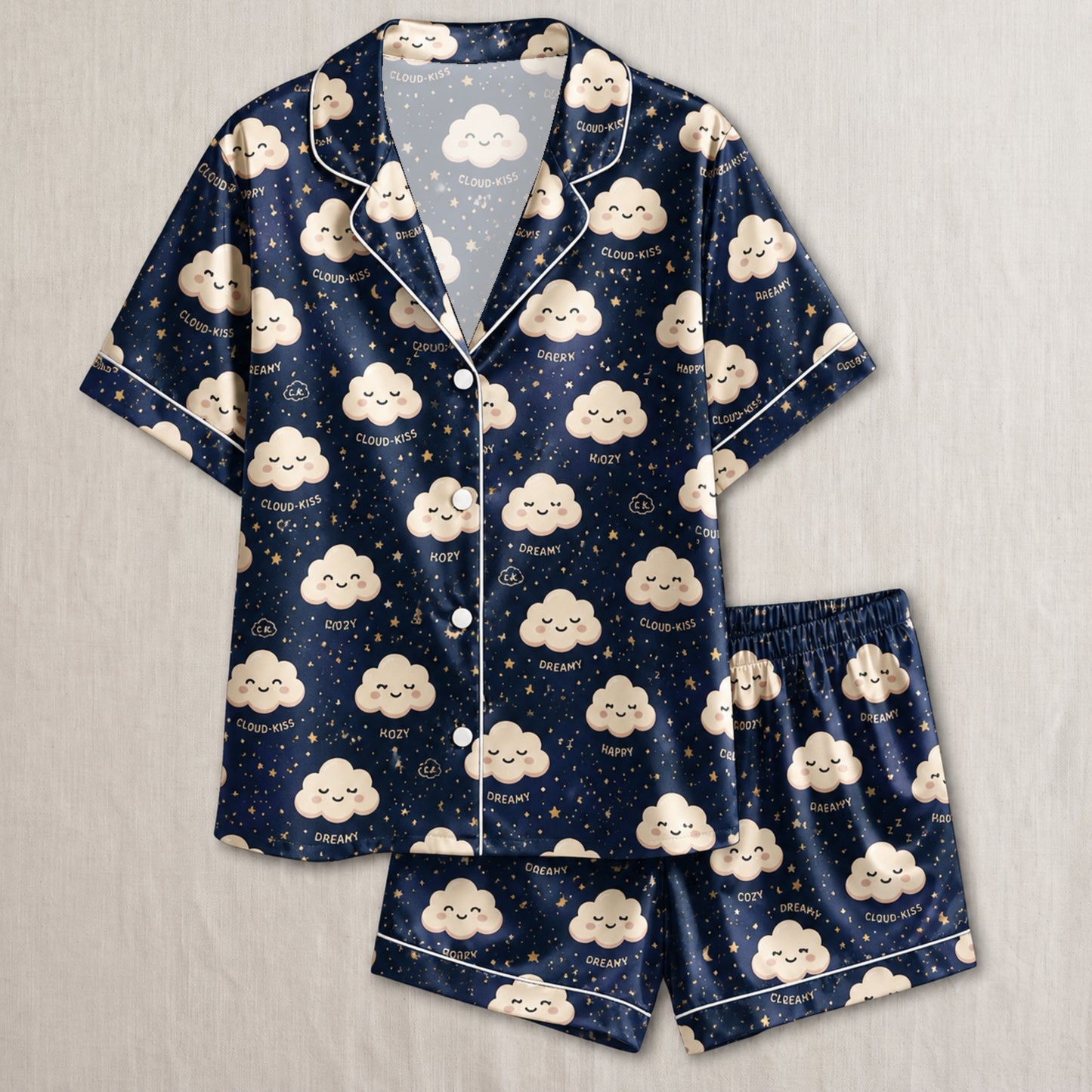 PJ-039-Satin Dreamy Cloud White Piping Button Up Pajama Set FREE SHIPING