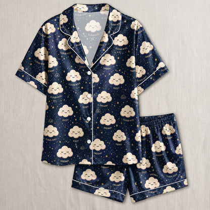 PJ-039-Satin Dreamy Cloud White Piping Button Up Pajama Set FREE SHIPING