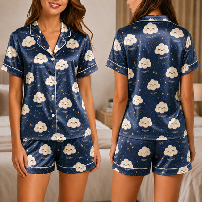 PJ-039-Satin Dreamy Cloud White Piping Button Up Pajama Set FREE SHIPING