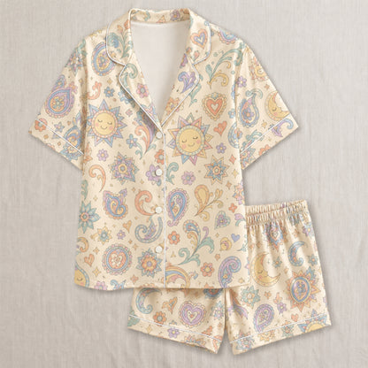 PJ-040-Satin Pastel Celestial White Piping Button Up Pajama Set FREE SHIPPING