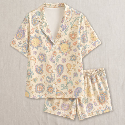PJ-040-Satin Pastel Celestial White Piping Button Up Pajama Set FREE SHIPPING