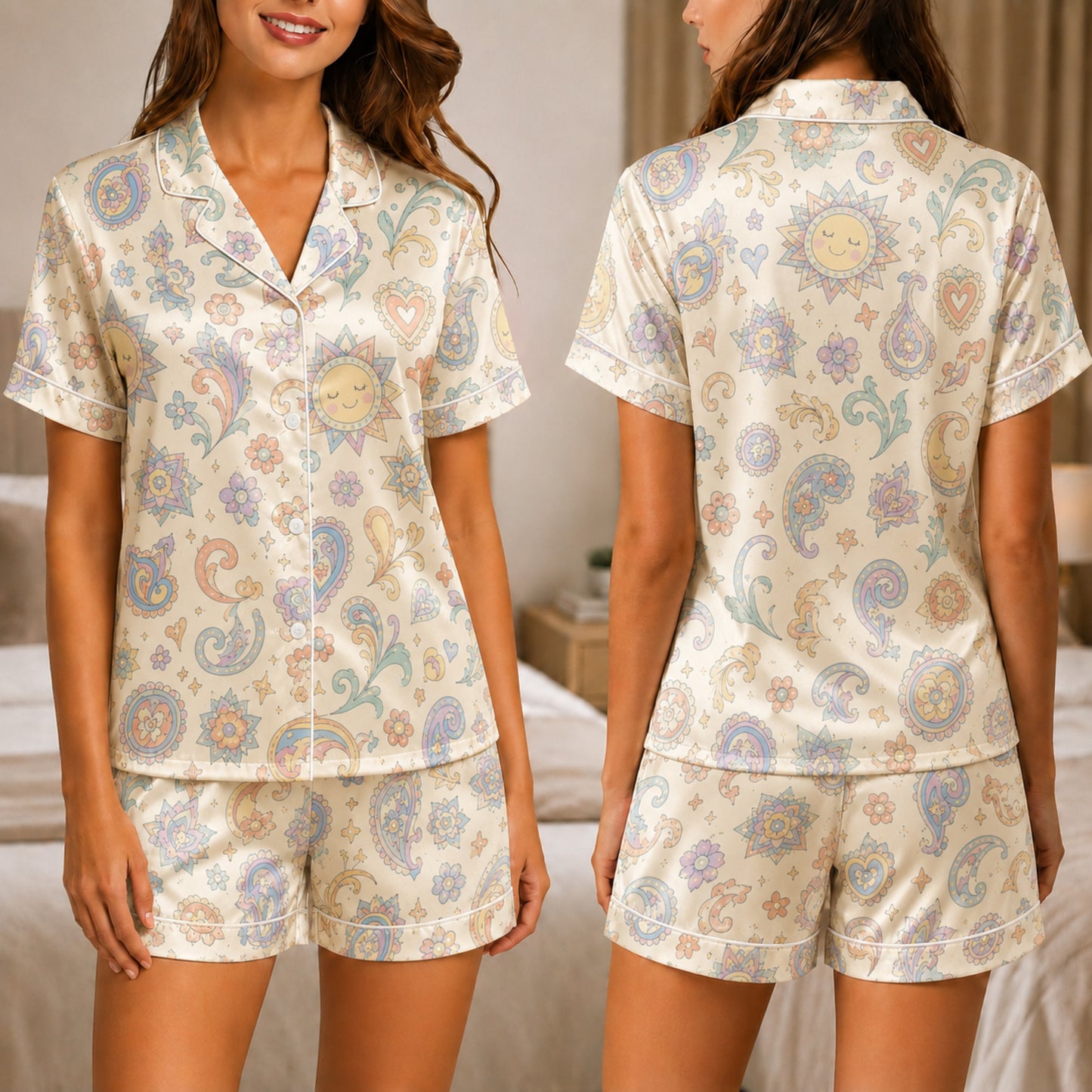 PJ-040-Satin Pastel Celestial White Piping Button Up Pajama Set FREE SHIPPING