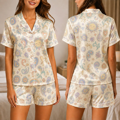 PJ-040-Satin Pastel Celestial White Piping Button Up Pajama Set FREE SHIPPING