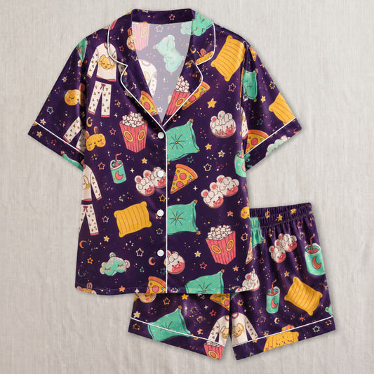 PJ-041-Satin Purple Slumber Party White Piping Button Up Pajama Set FREE SHIPPING