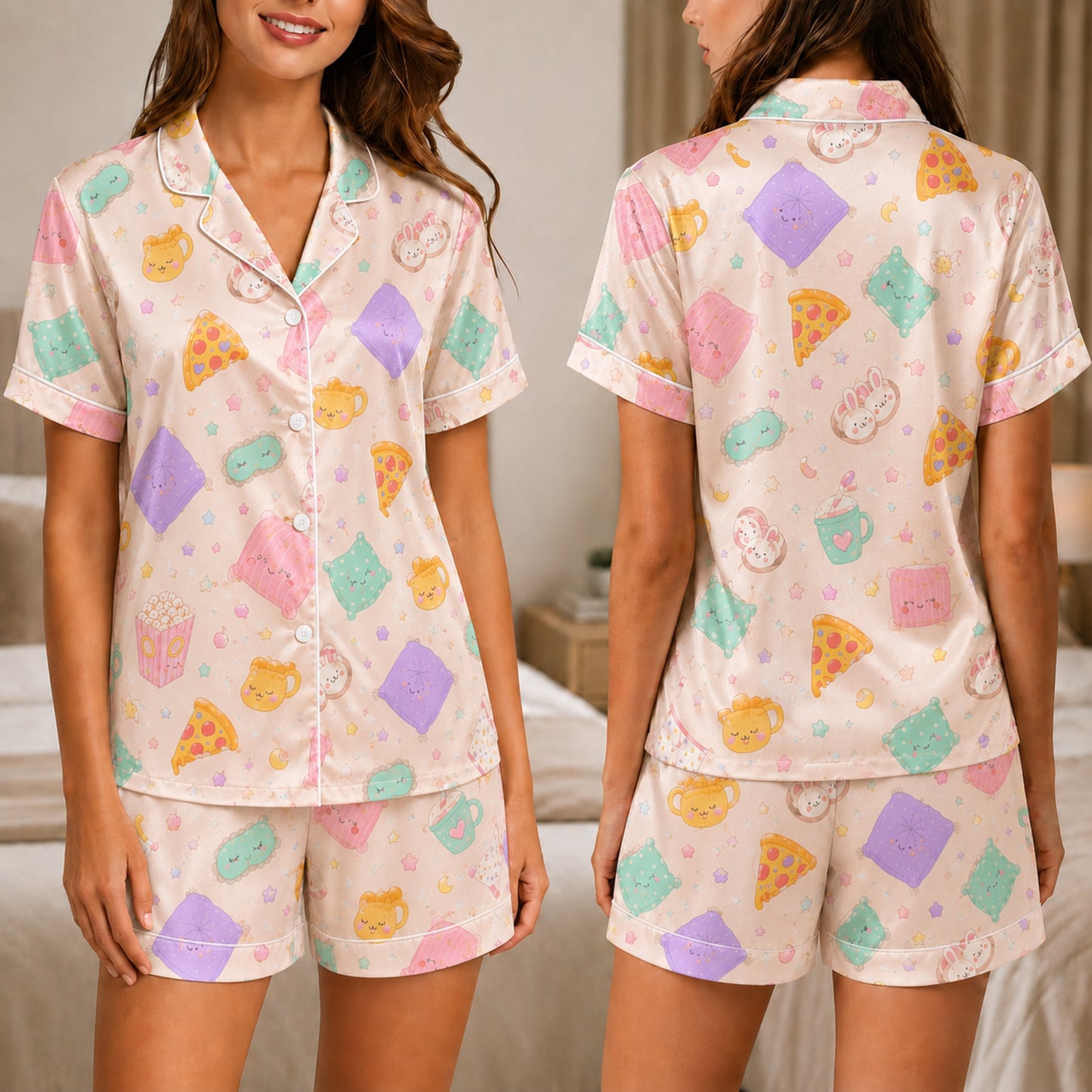 PJ-042-Satin Pastel Slumber Party Pink Piping Button Up Long Pajama Set FREE SHIPING