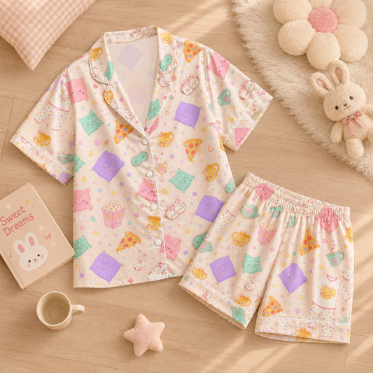 PJ-042-Satin Pastel Slumber Party Pink Piping Button Up Long Pajama Set FREE SHIPPING