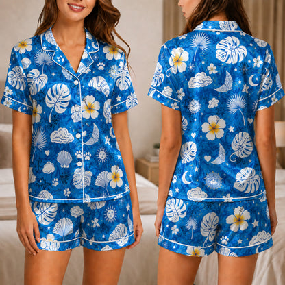 PJ-043-Satin Blue Tropical Floral White Piping Button Up Long/Short Pajama Set FREE SHIPING