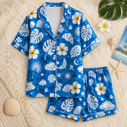 PJ-043-Satin Blue Tropical Floral White Piping Button Up Long/Short Pajama Set FREE SHIPING