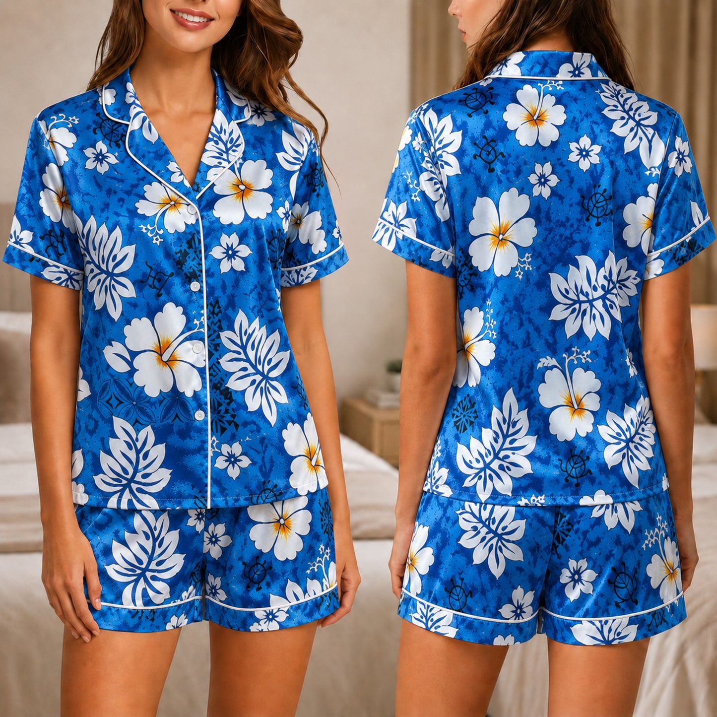 PJ-044-Satin Blue Hawaiian Floral White Piping Button Up Pajama Set FREE SHIPING