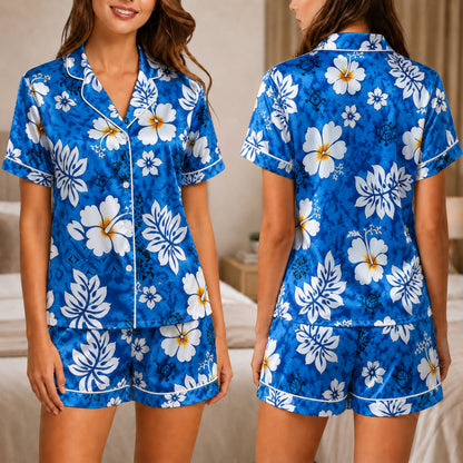 PJ-044-Satin Blue Hawaiian Floral White Piping Button Up Pajama Set FREE SHIPING