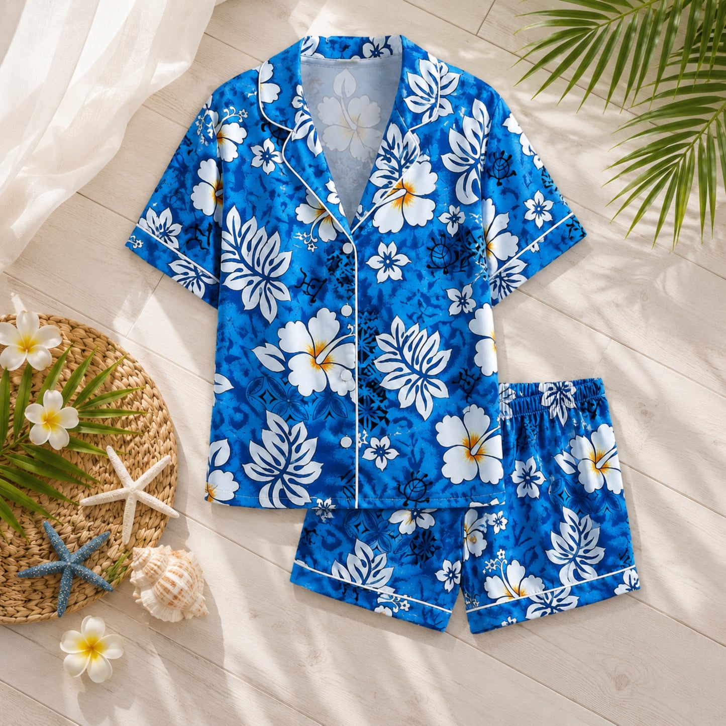 PJ-044-Satin Blue Hawaiian Floral White Piping Button Up Pajama Set FREE SHIPING