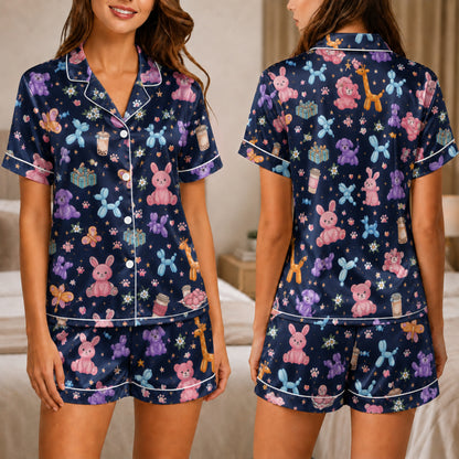 PJ-045-Satin Navy Balloon Animal & Plushie White Piping Button Up Pajama Set FREE SHIPING