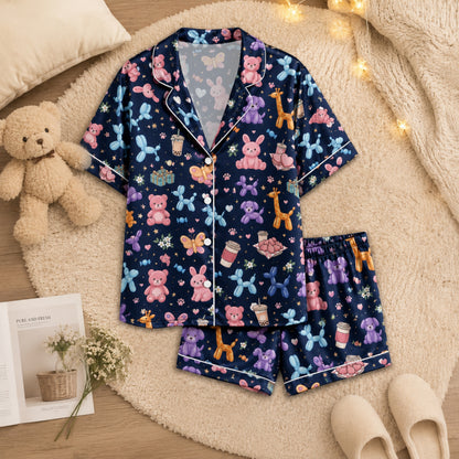 PJ-045-Satin Navy Balloon Animal & Plushie White Piping Button Up Pajama Set FREE SHIPING