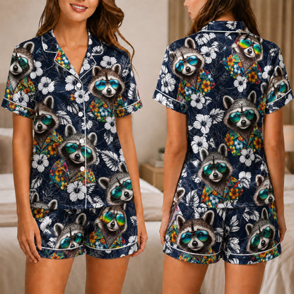 PJ-046-Satin Navy Tropical Raccoon White Piping Button Up Pajama Set FREE SHIPING